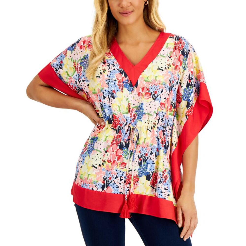 Charter Club Womens Cinch Waist Printed Poncho Top